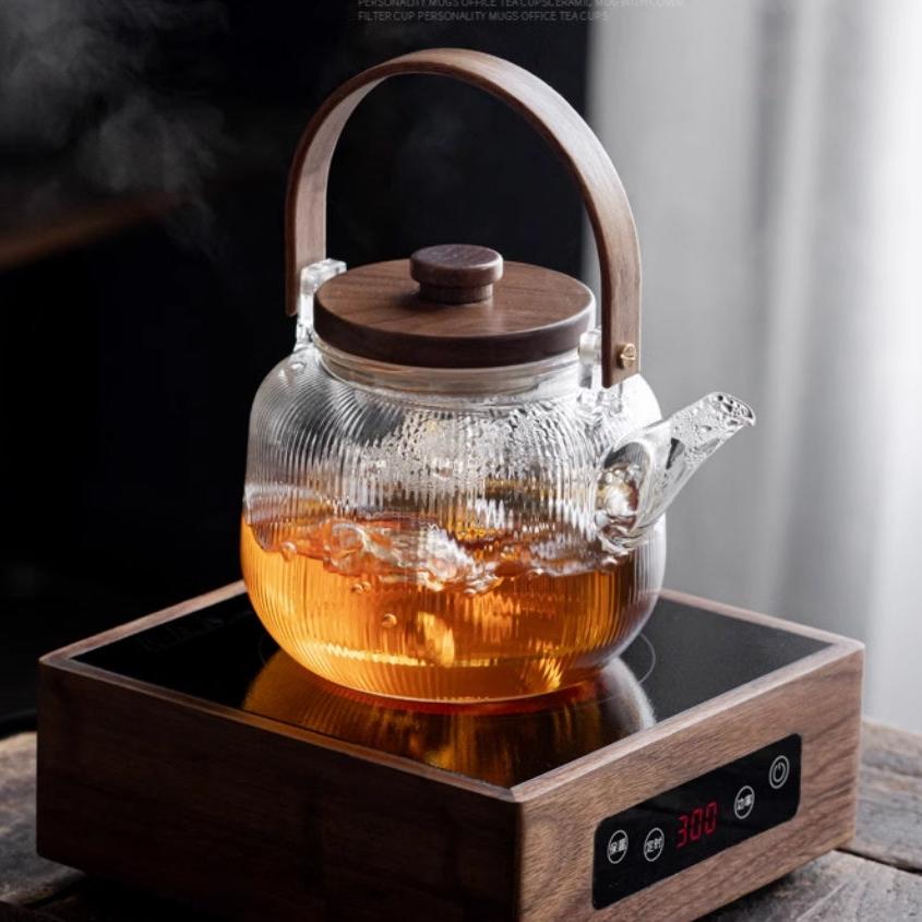 1L Glass Tea Kettle With Walnut Wood Lid, dual purpose Steam Boil Japanese Style Kettle