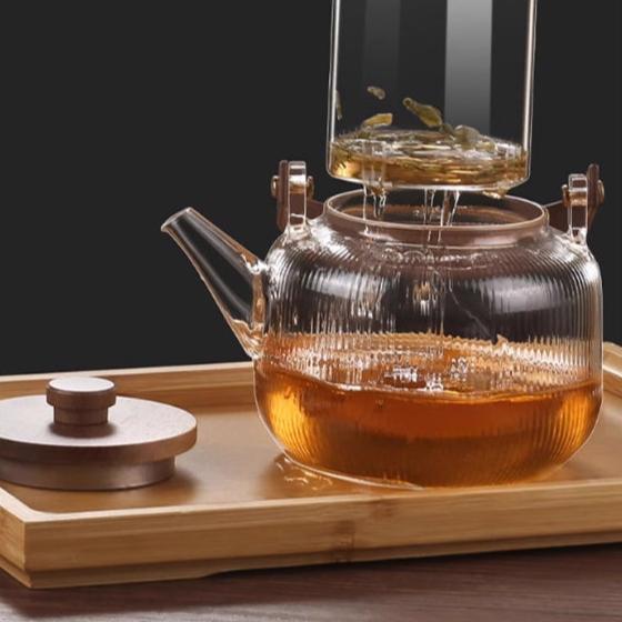 1L Glass Tea Kettle With Walnut Wood Lid, dual purpose Steam Boil Japanese Style Kettle