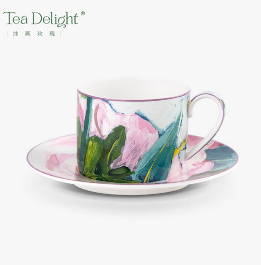 Large Cup& Saucer  - Oil Painting Roses Style