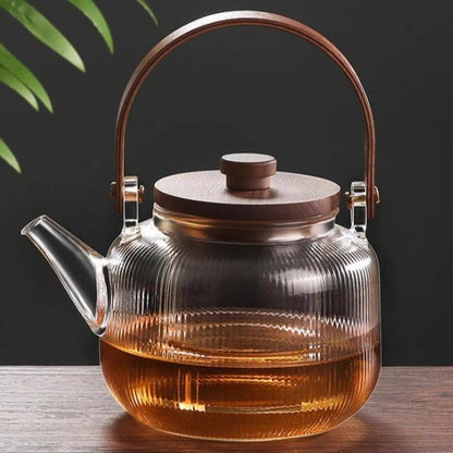 1L Glass Tea Kettle With Walnut Wood Lid, dual purpose Steam Boil Japanese Style Kettle
