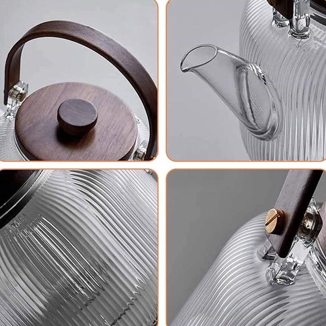 1L Glass Tea Kettle With Walnut Wood Lid, dual purpose Steam Boil Japanese Style Kettle